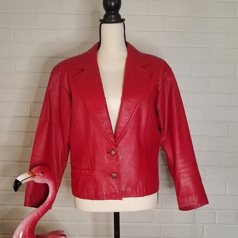 80's Vintage Red Leather Jacket Size 8